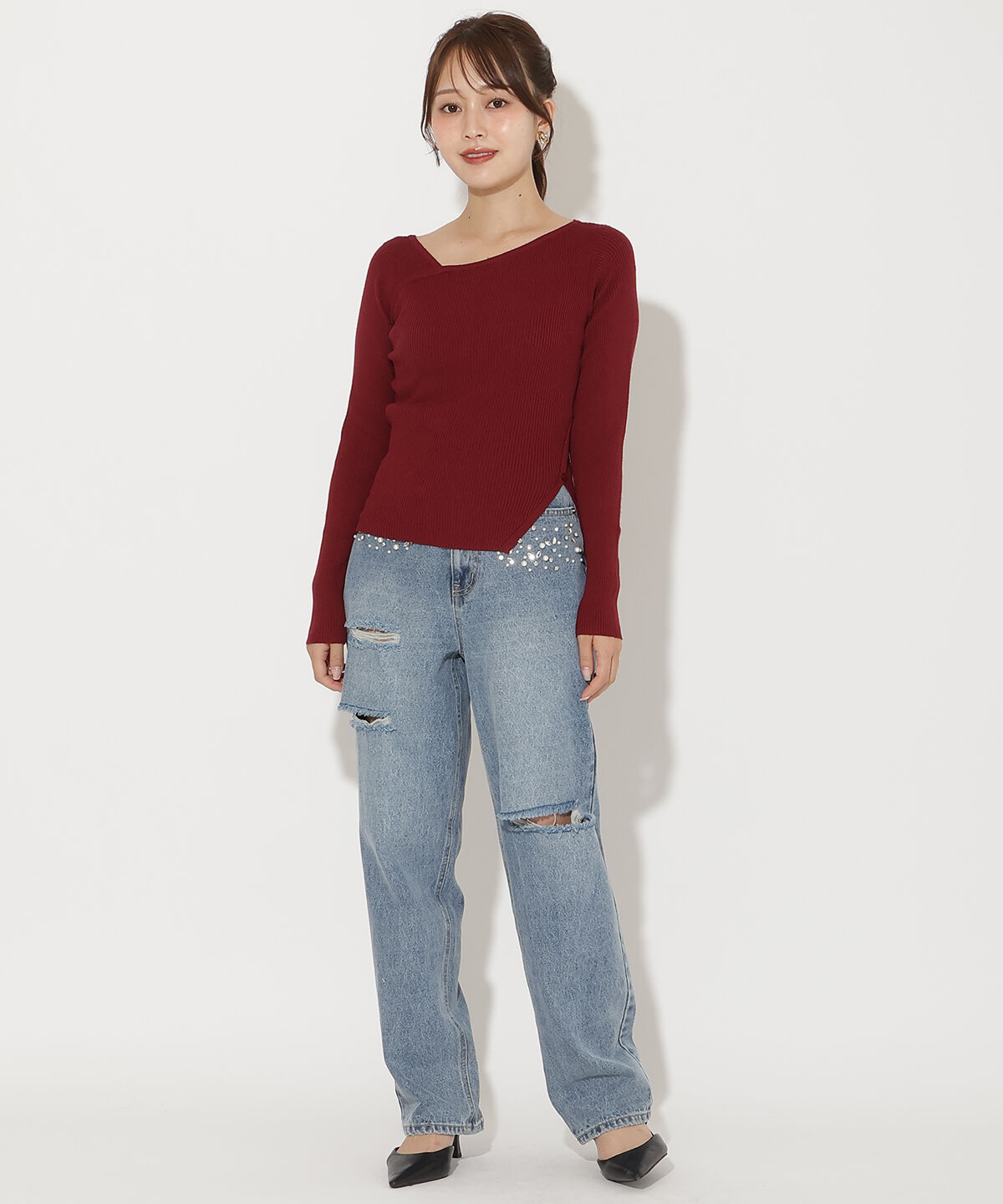 アンドクチュール「アシメＶネック長袖プルオーバー」|ニット・セーター|