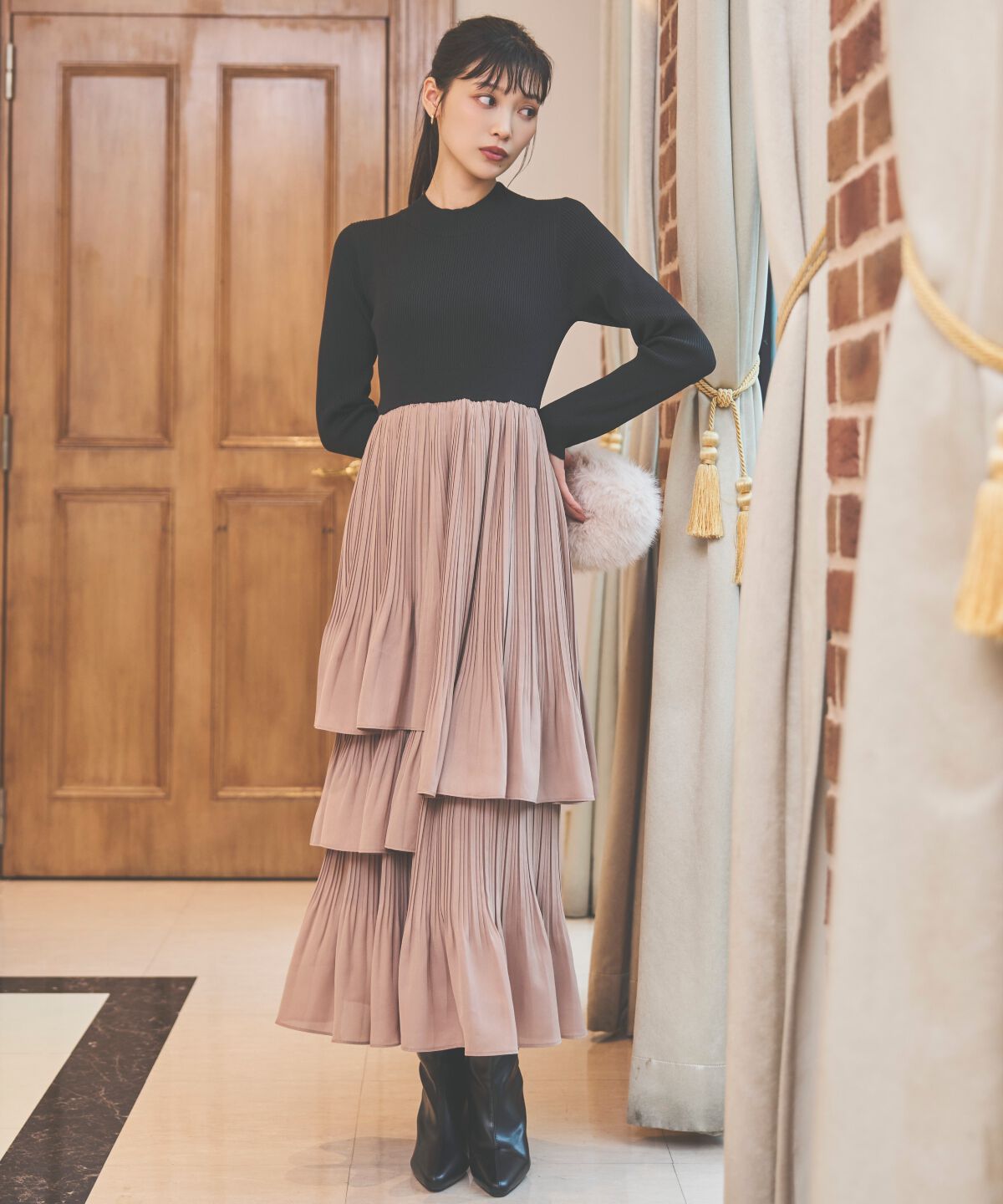 アンドクチュール「消しプリーツドッキングワンピース」|ワンピース|