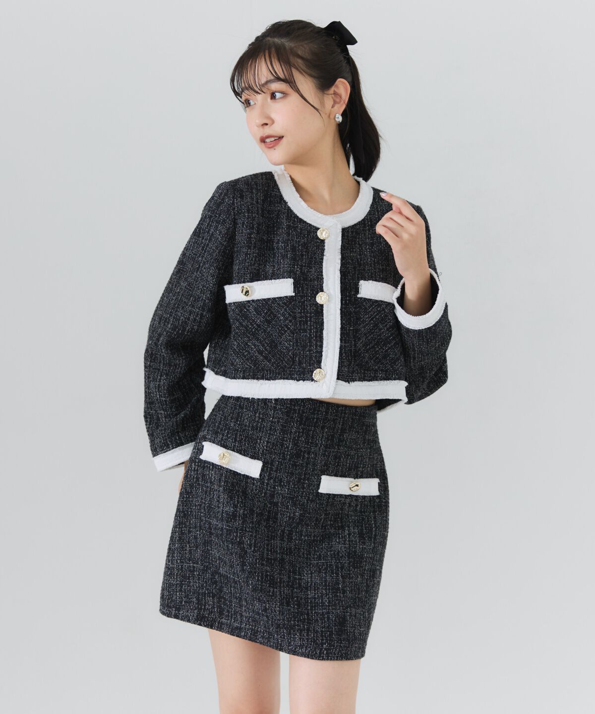 REDYAZEL「ファンシーツイードミニスカート」|台形|ブラック