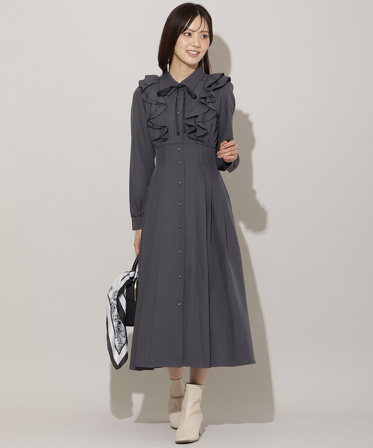 WILLSELECTION「ナローリボンフリルシャツワンピース」|ワンピース|グレー