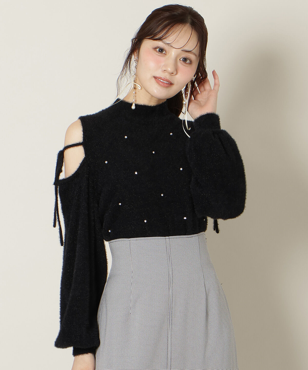 WILLSELECTION「パールビジューフェザーニットトップス」|ニット・セーター|ブラック