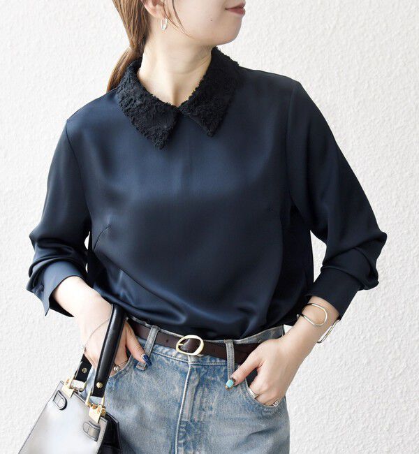 SHIPS any「《一部追加予約》SHIPS any:〈洗濯機可能〉サテン レースカラー ブラウス」|シャツ・ブラウス|ネイビー