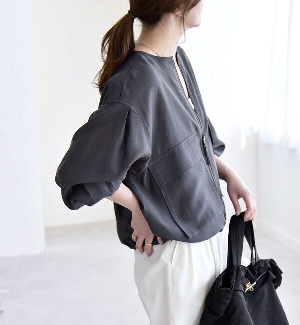 quaranciel「《予約》quaranciel:〈手洗い可能〉リネン ミックス ノーカラー ドロスト ブルゾン」|ブルゾン・スタジャン|