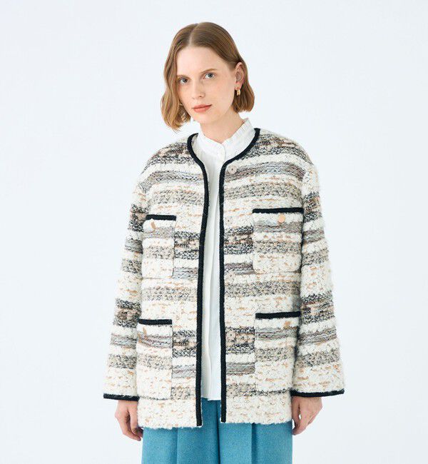 Ballsey「ボーダーツイード ショートコート」|ノーカラーコート|