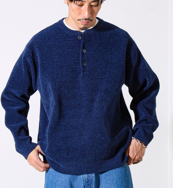 GLOSTER「【昨年人気アイテム再登場！チクチクしないニット】モールバックボーダー ヘンリーネックニット」|ニット・セーター|ネイビー
