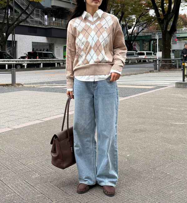 fredy emue「アーガイル柄インターシャVネックニット」|ニット・セーター|