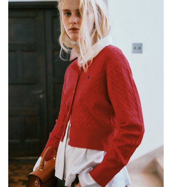 VIS「【POLO BCS】VIS別注ミニケーブルノーカラーニットカーディガン」|カーディガン|レッド(60)