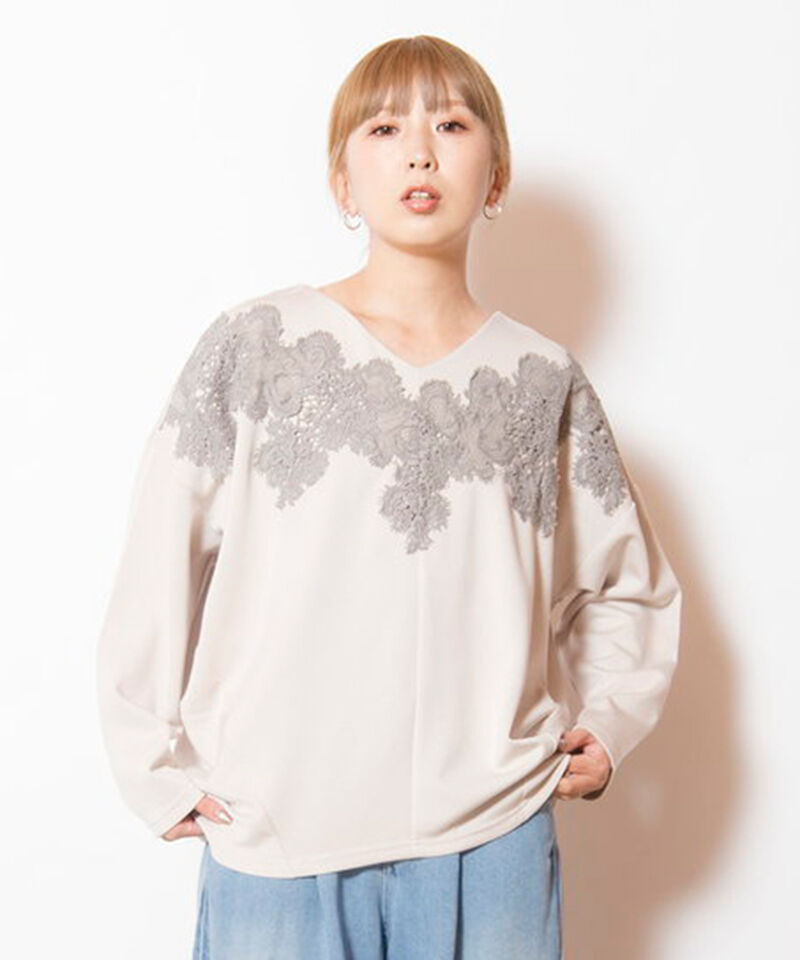  「レースモチーフVネックプルオーバー」|Tシャツ・カットソー|IVORY