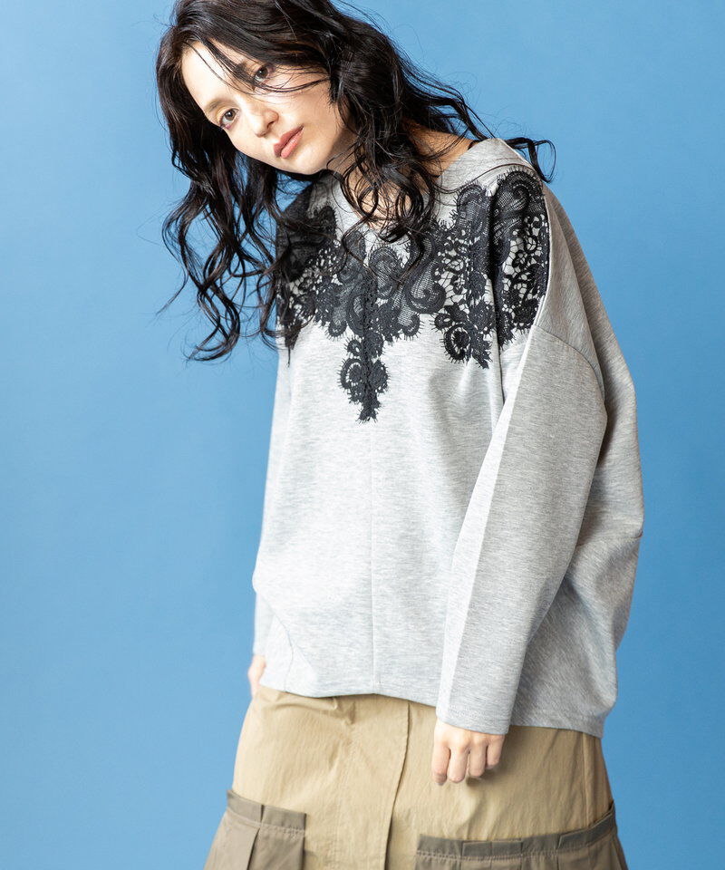  「レースモチーフVネックプルオーバー」|Tシャツ・カットソー|