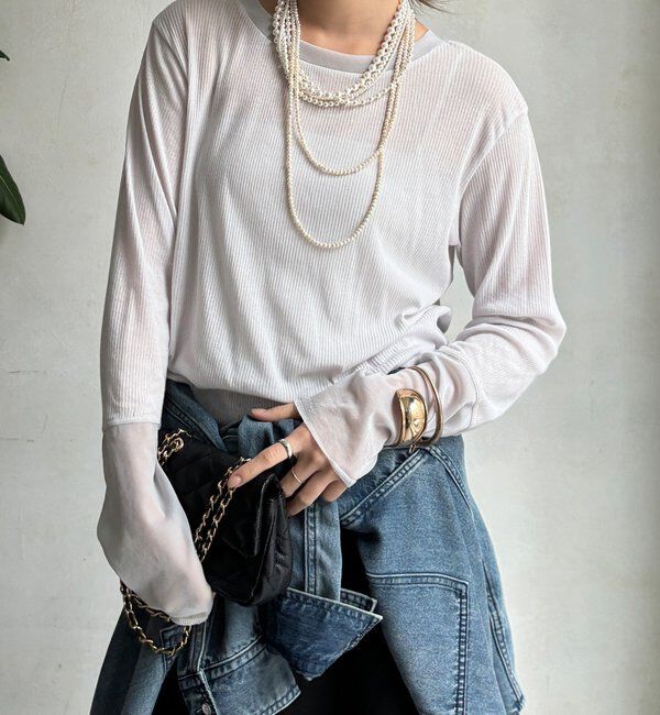  「【柔らかい着心地】袖シアーリブTEE」|Tシャツ・カットソー|