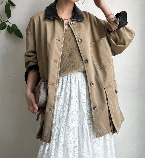  「レザーカラーカバーオールジャケット」|ブルゾン・スタジャン|ベージュ