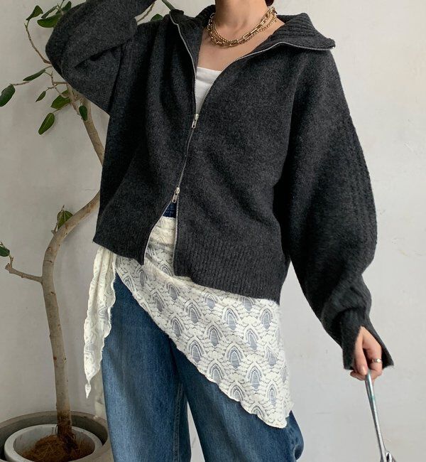  「【WEB限定】ダブルジップニットブルゾン」|カーディガン|