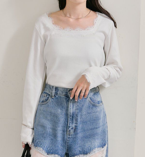  「スクエアネックレースロンT」|Tシャツ・カットソー|
