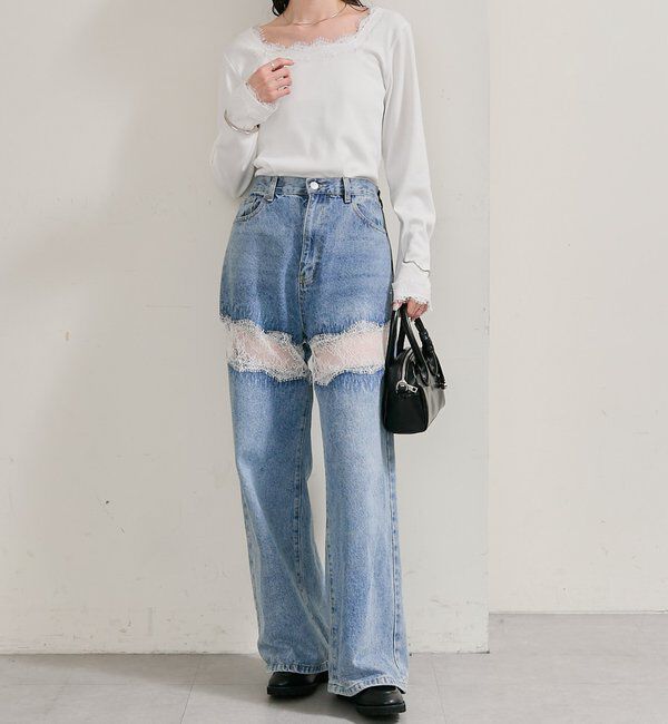  「スクエアネックレースロンT」|Tシャツ・カットソー|