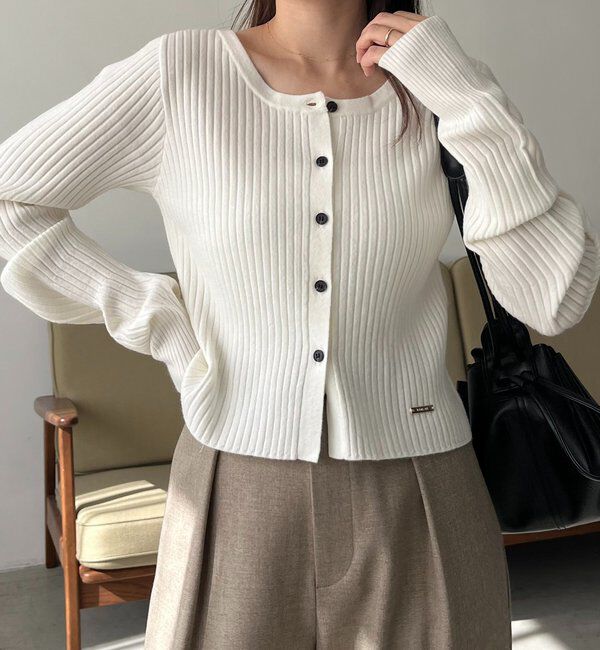  「【新色/オフホワイト】【前後2WAY】カーブスリーブリブニット」|カーディガン|オフホワイト