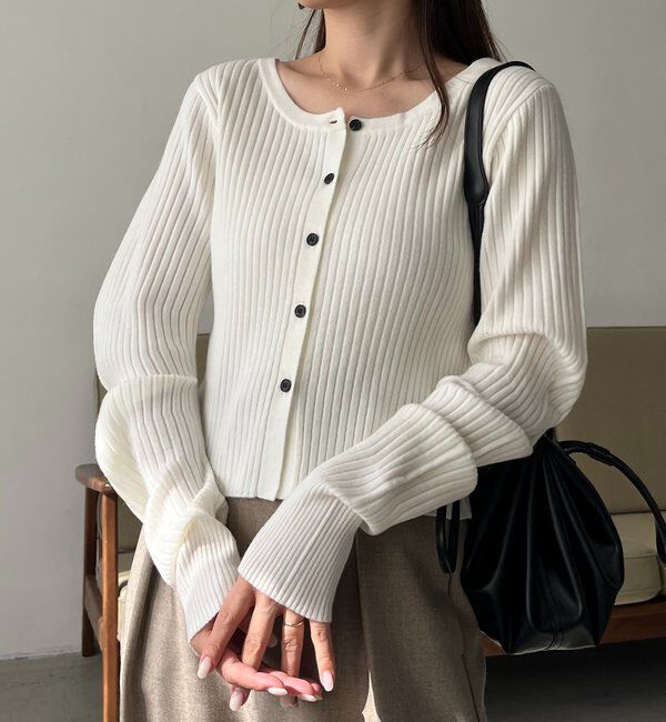  「【新色/オフホワイト】【前後2WAY】カーブスリーブリブニット」|カーディガン|
