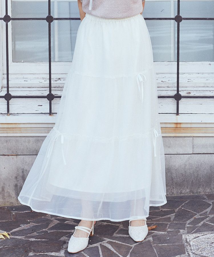 earth music&ecology「リボンチュールティアードスカート」|フレア|