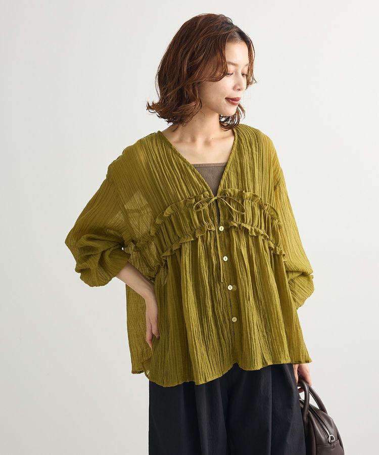 Green Parks「Vネックフリルシアープリーツブラウス」|シャツ・ブラウス|