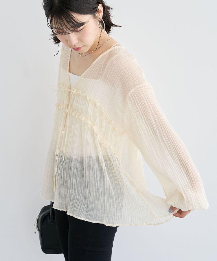 Green Parks「Vネックフリルシアープリーツブラウス」|シャツ・ブラウス|