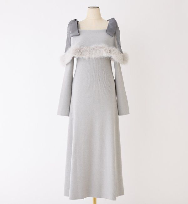  「リボン取り外し可能オフショルファーニットワンピース」|ワンピース|
