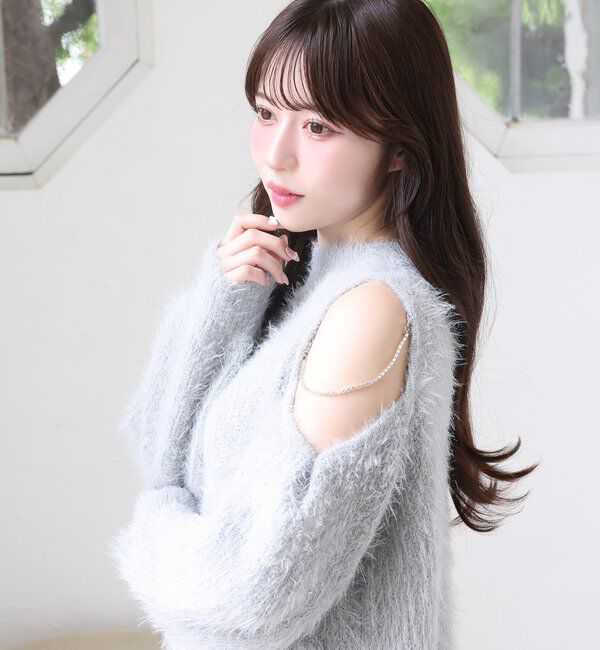  「肩あきビジューニットミニワンピ」|ワンピース|