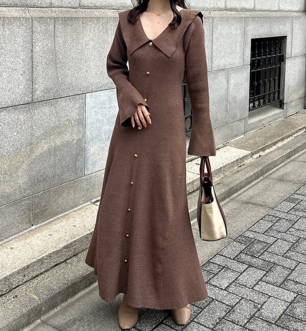  「襟付き金ボタンニットロングワンピース」|ワンピース|