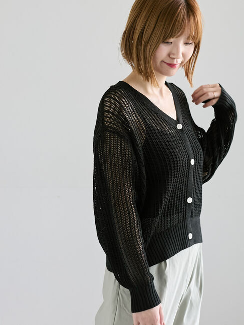 Lugnoncure「メッシュ編みVネックカーディガン」|カーディガン|ブラック