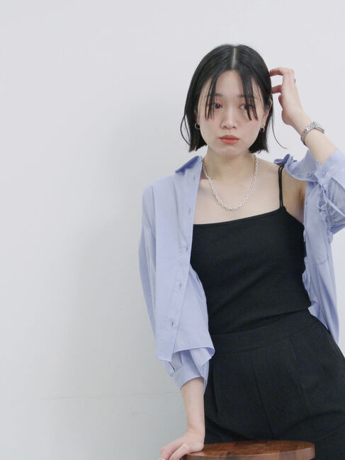 Samansa Mos2 blue「ショート丈シャーリングブラウス」|シャツ・ブラウス|