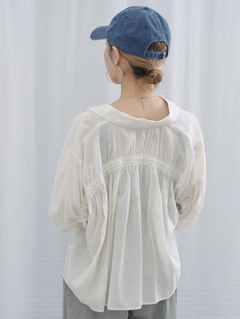 Samansa Mos2 blue「ショート丈シャーリングブラウス」|シャツ・ブラウス|