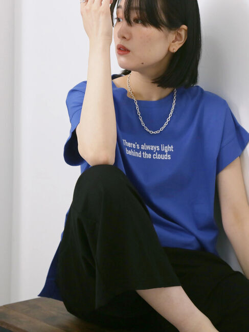 Samansa Mos2 blue「ロゴ刺繍フレンチスリーブTシャツ」|Tシャツ・カットソー|ブルー
