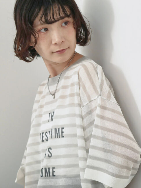 Samansa Mos2 blue「ボーダーロゴニットプルオーバー」|ニット・セーター|