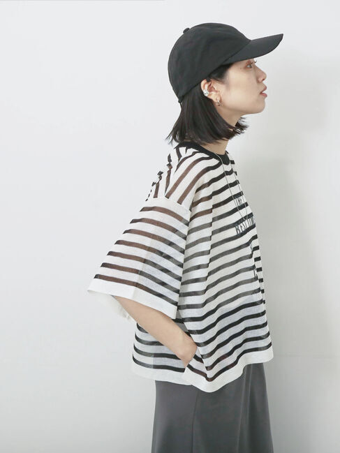 Samansa Mos2 blue「ボーダーロゴニットプルオーバー」|ニット・セーター|