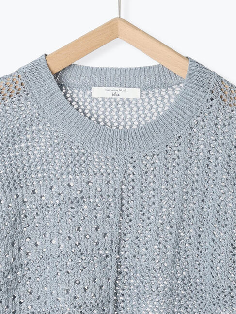 Samansa Mos2 blue「麻タッチパッチワークニットベスト」|ニット・セーター|