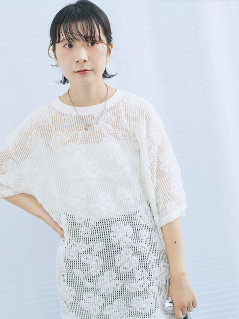 Samansa Mos2 blue「チュールフラワーコードTシャツ」|Tシャツ・カットソー|