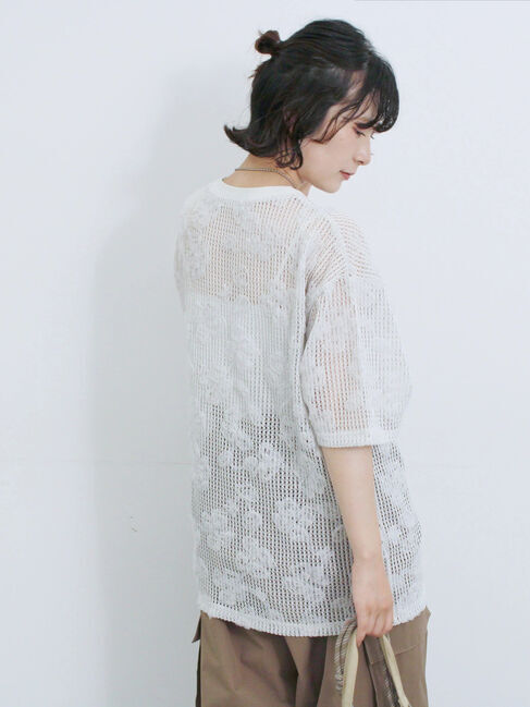 Samansa Mos2 blue「チュールフラワーコードTシャツ」|Tシャツ・カットソー|