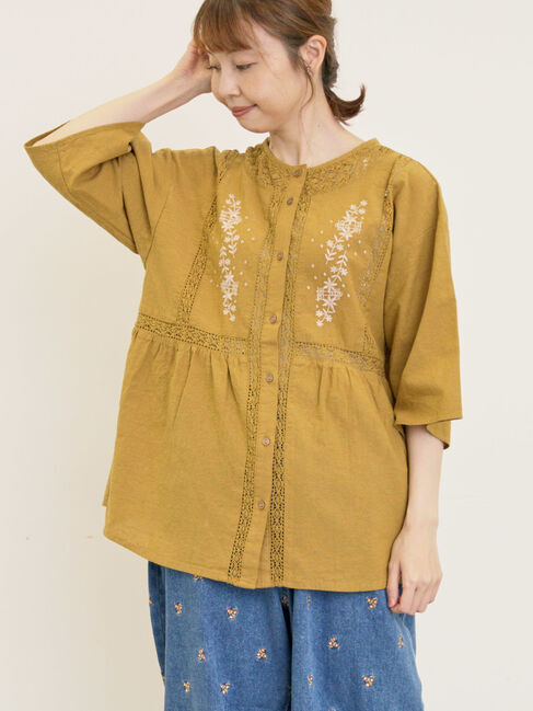 Samansa Mos2「花刺繍切替えブラウス」|シャツ・ブラウス|マスタード