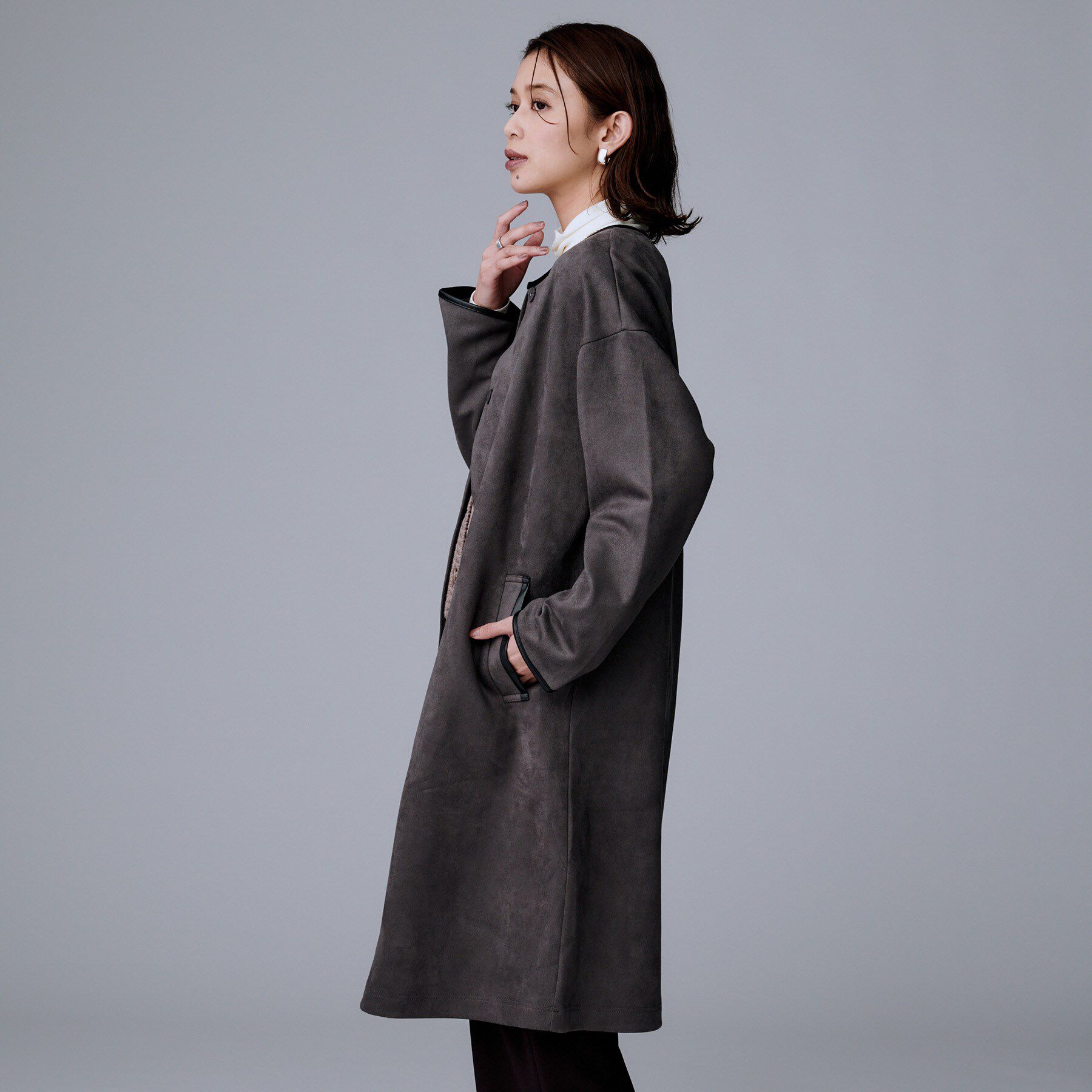 UNTITLED「【洗える/軽羽織り】マシュマロタッチ　スエード調コート」|ノーカラーコート|