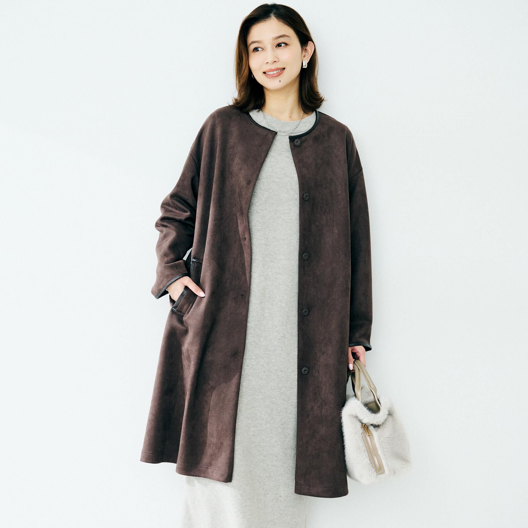 UNTITLED「【洗える/軽羽織り】マシュマロタッチ　スエード調コート」|ノーカラーコート|