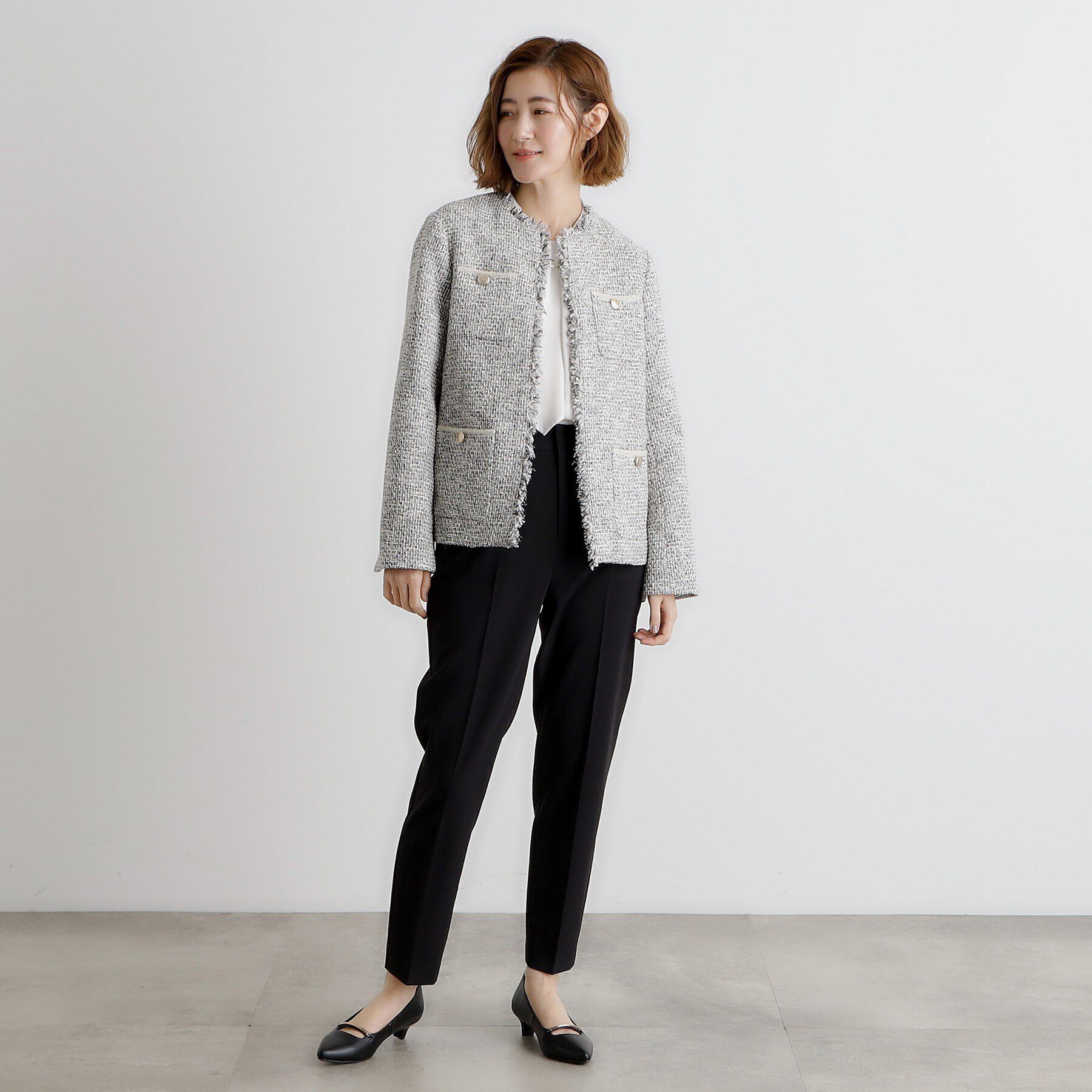 grove「フリンジツイードジャケット」|ノーカラージャケット|