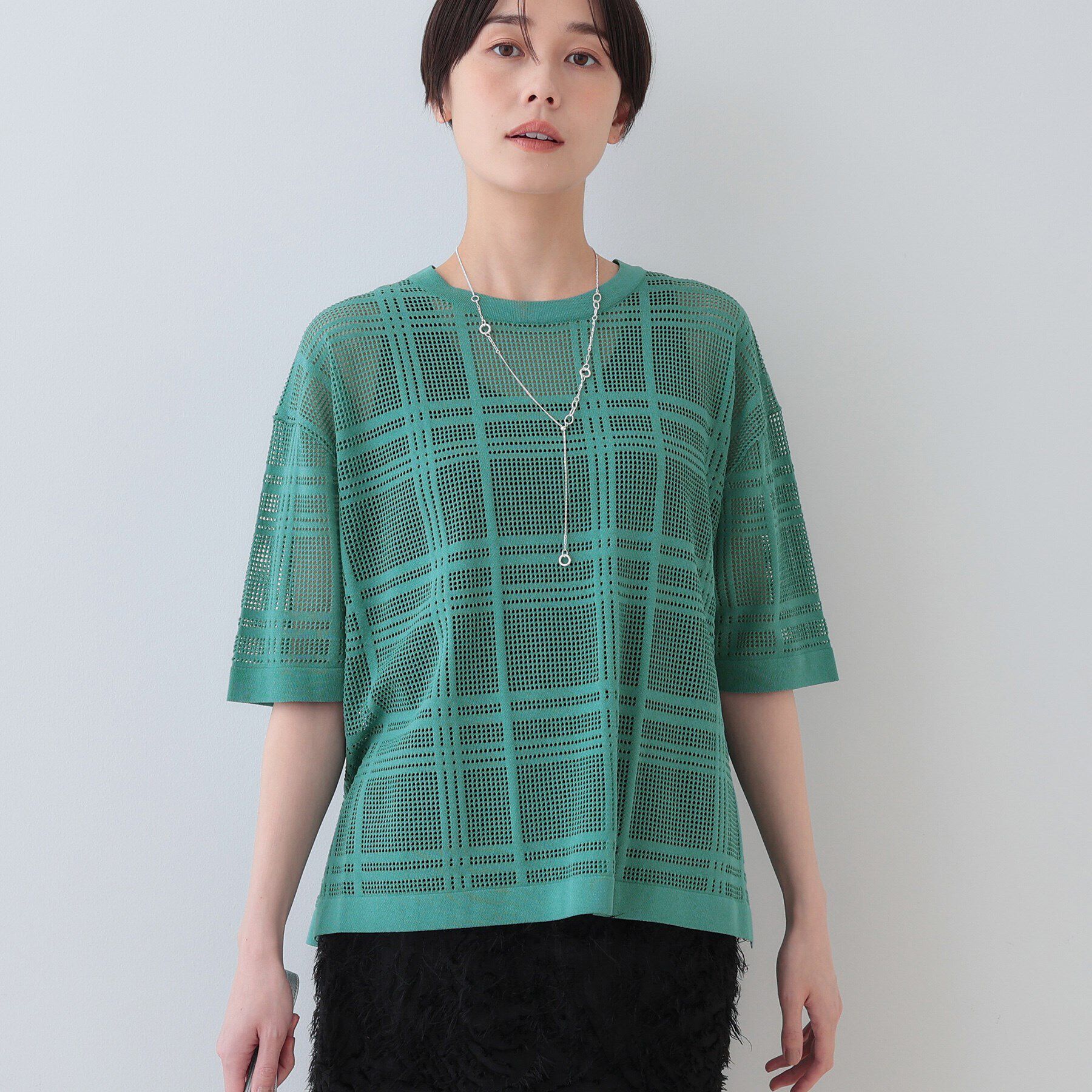 INDIVI「【洗える】メッシュチェック柄ニット」|ニット・セーター|グリーン(022)