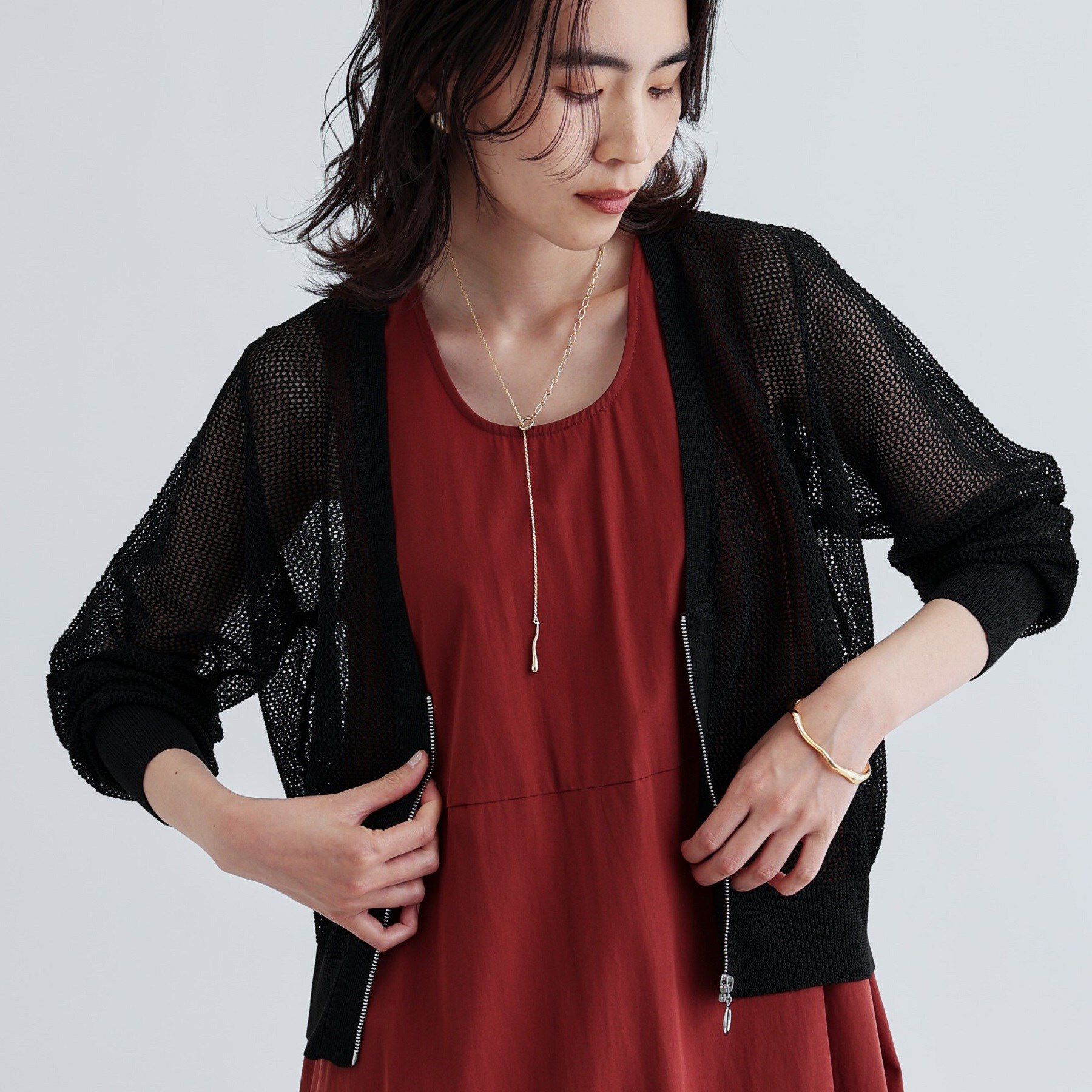 GALLEST「【再入荷】メッシュジップカーディガン」|カーディガン|ブラック(019)