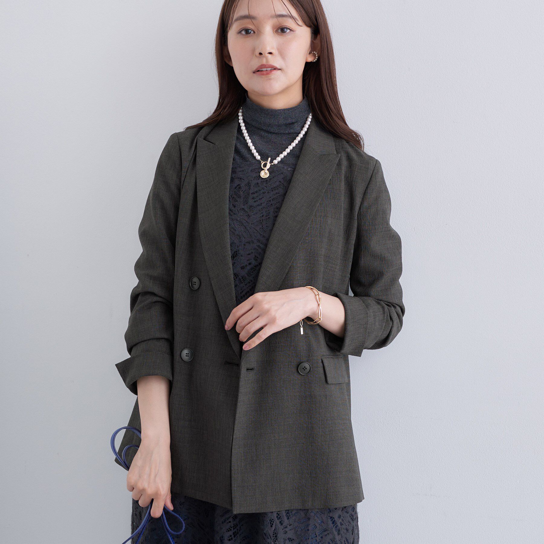 INDIVI「【洗える／セットアップ可能】凹凸ストレッチ素材ダブルジャケット」|テーラードジャケット|