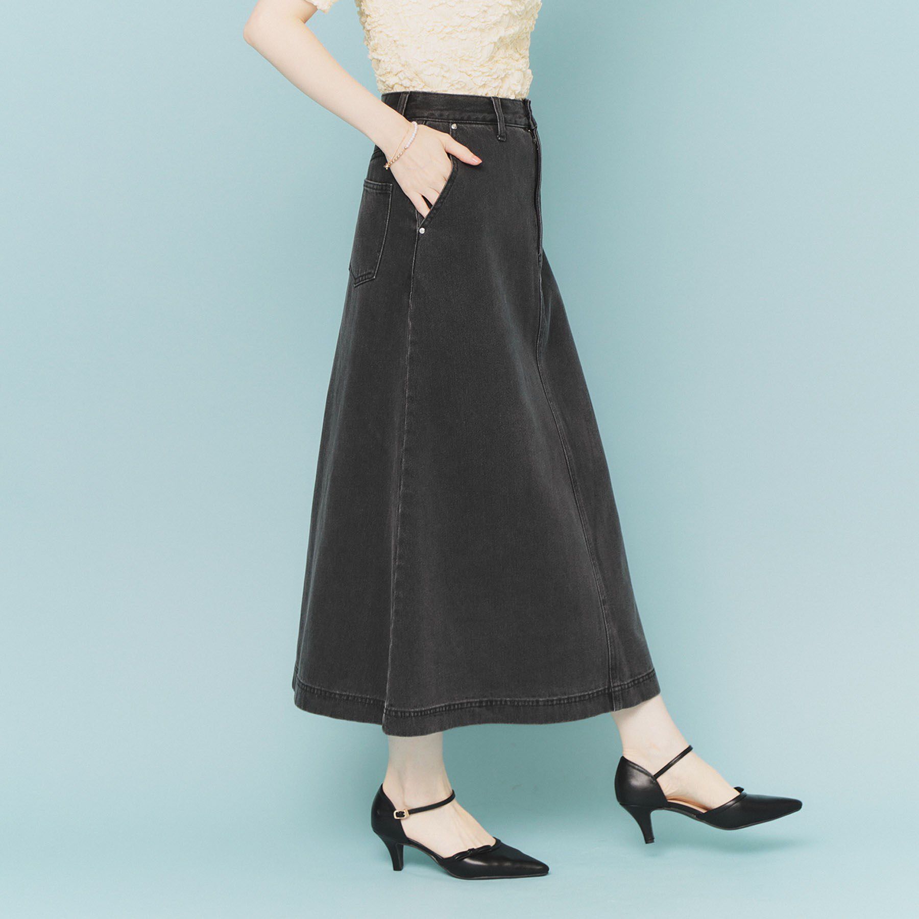 index「《丈が選べる》Aラインデニムロングスカート【洗濯機洗い可】」|スカート|