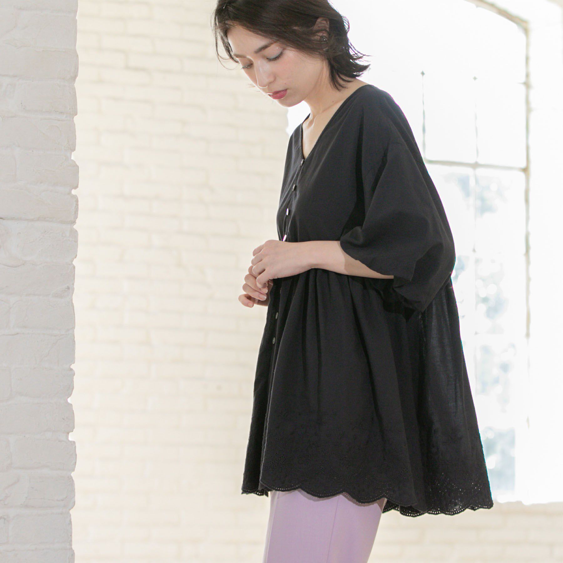 OPAQUE.CLIP「バルーン袖スカラップ刺繍レースチュニック」|シャツ・ブラウス|