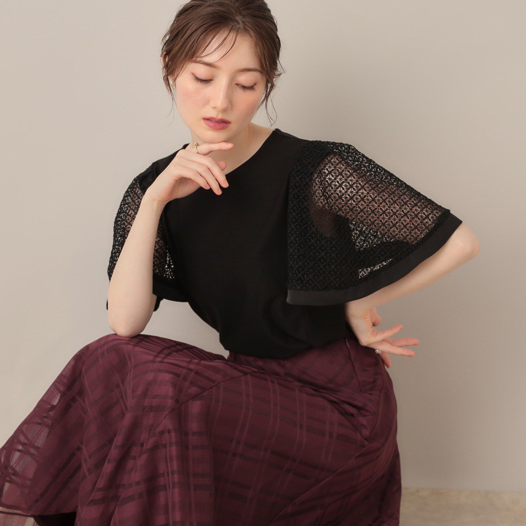 Couture broach「【接触冷感・5分袖】ケミカルレースフレアスリーブトップス」|Tシャツ・カットソー|