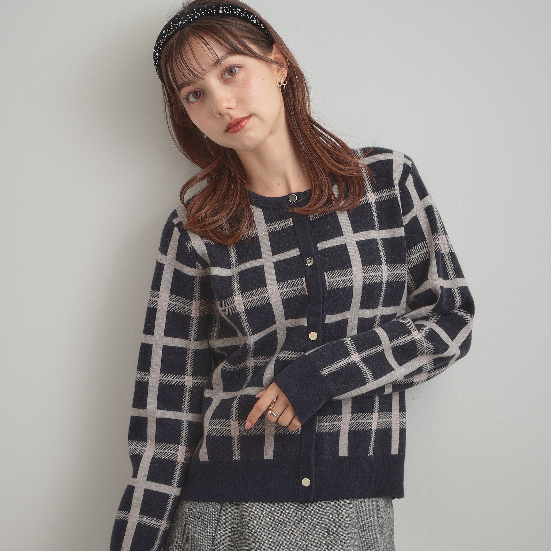Couture broach「【大人可愛い・通勤】チェックジャカード ニットカーディガン」|カーディガン|