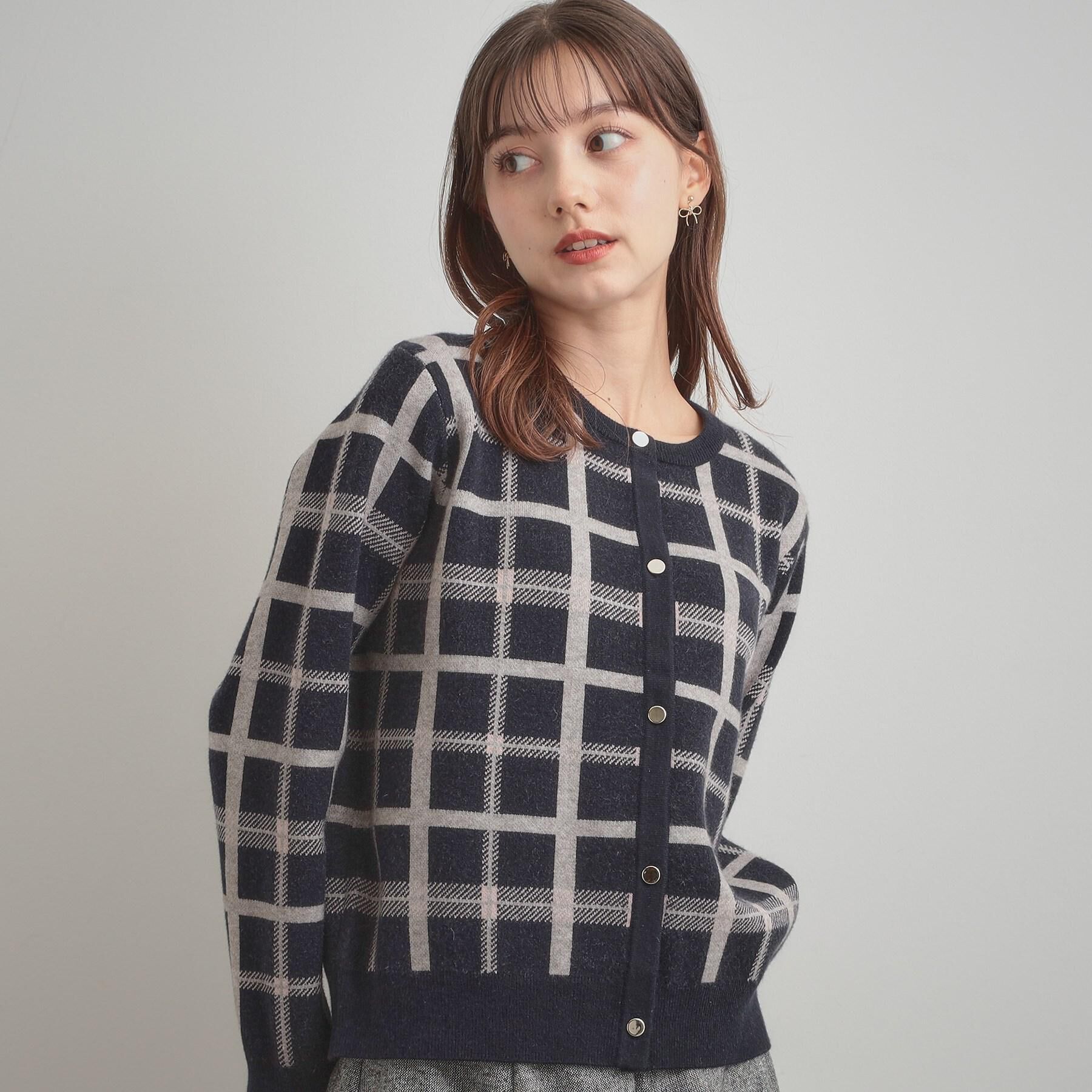Couture broach「【大人可愛い・通勤】チェックジャカード ニットカーディガン」|カーディガン|