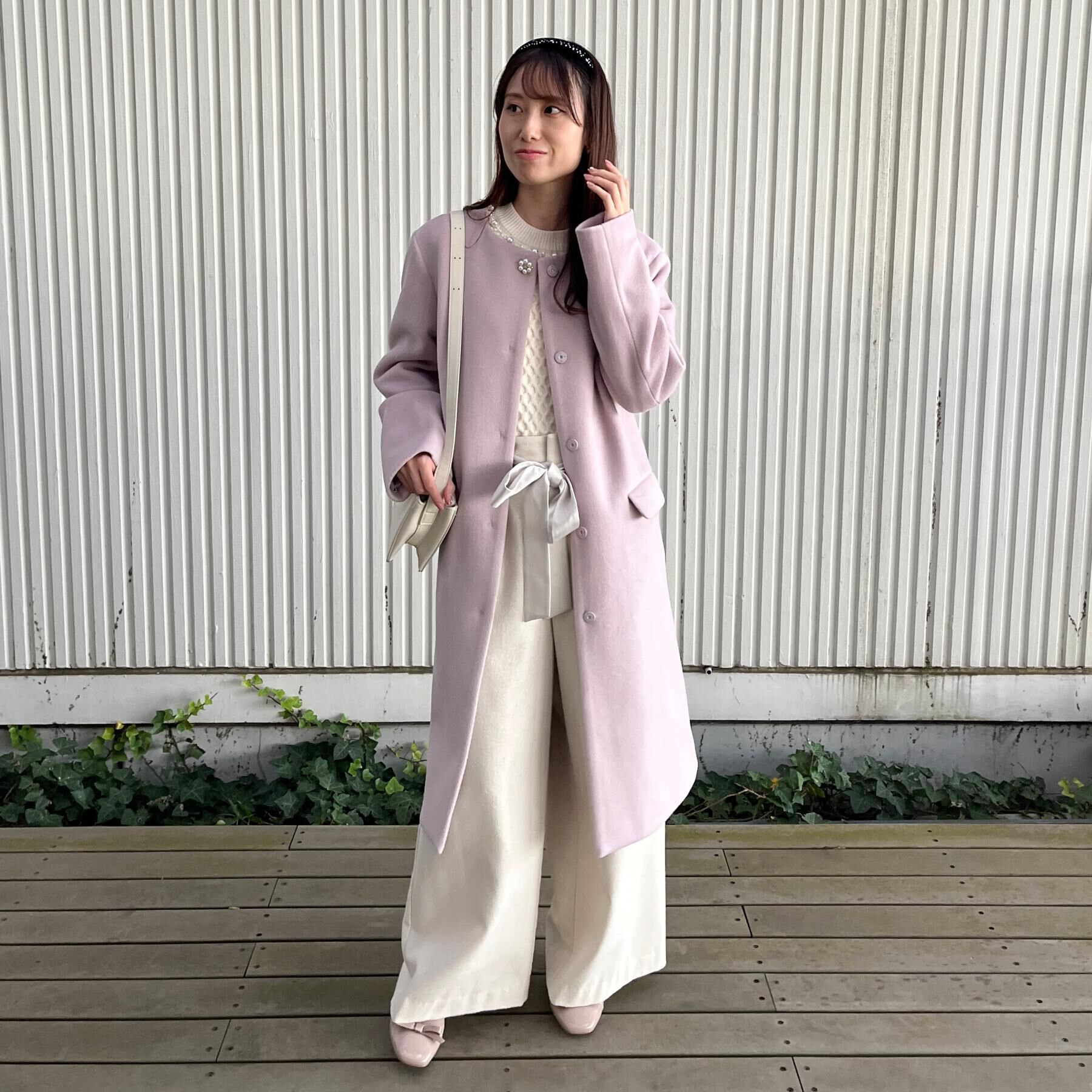 Couture broach「【通勤/ビジューブローチ付き】ノーカラー ロングコート」|ノーカラーコート|