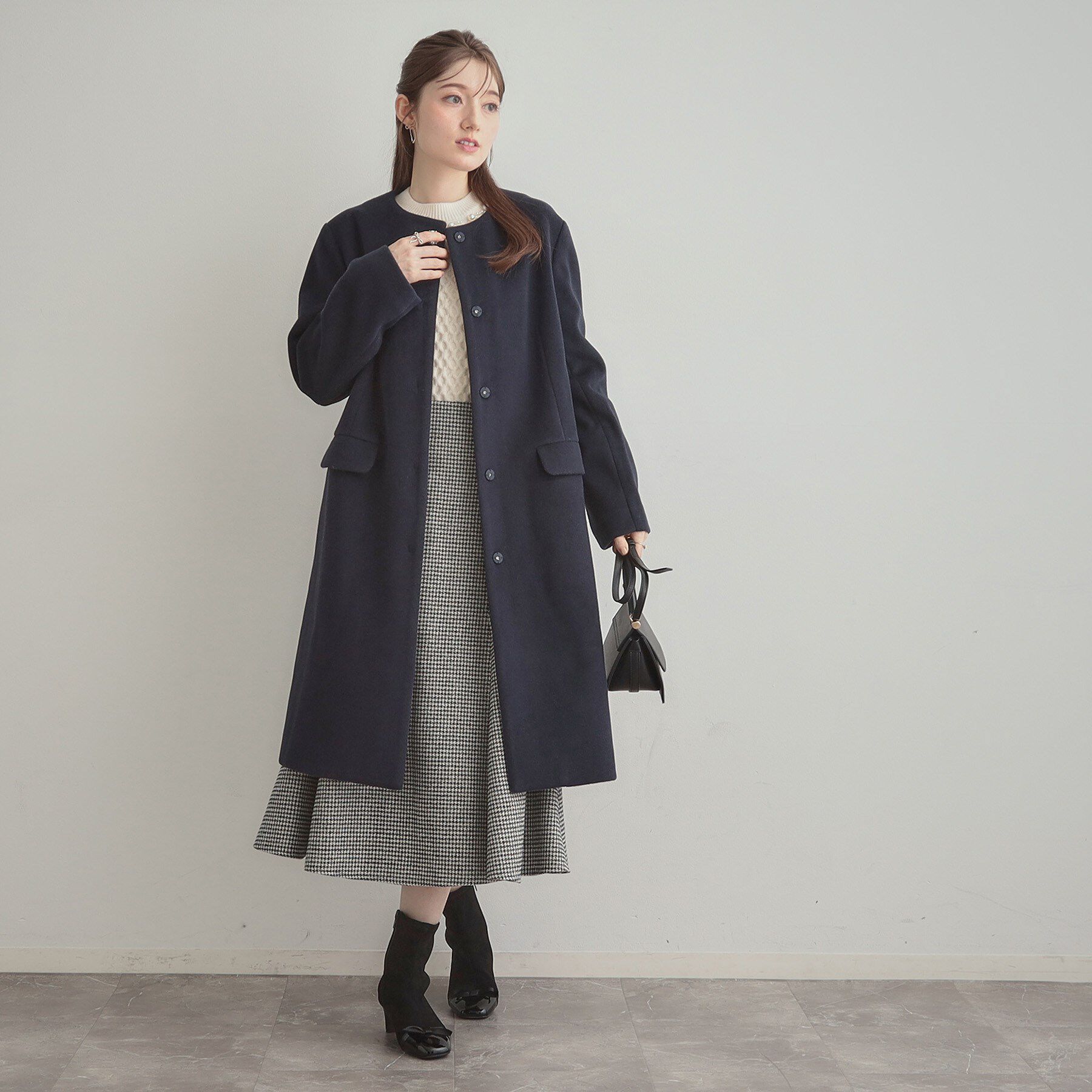 Couture broach「【通勤/ビジューブローチ付き】ノーカラー ロングコート」|ノーカラーコート|