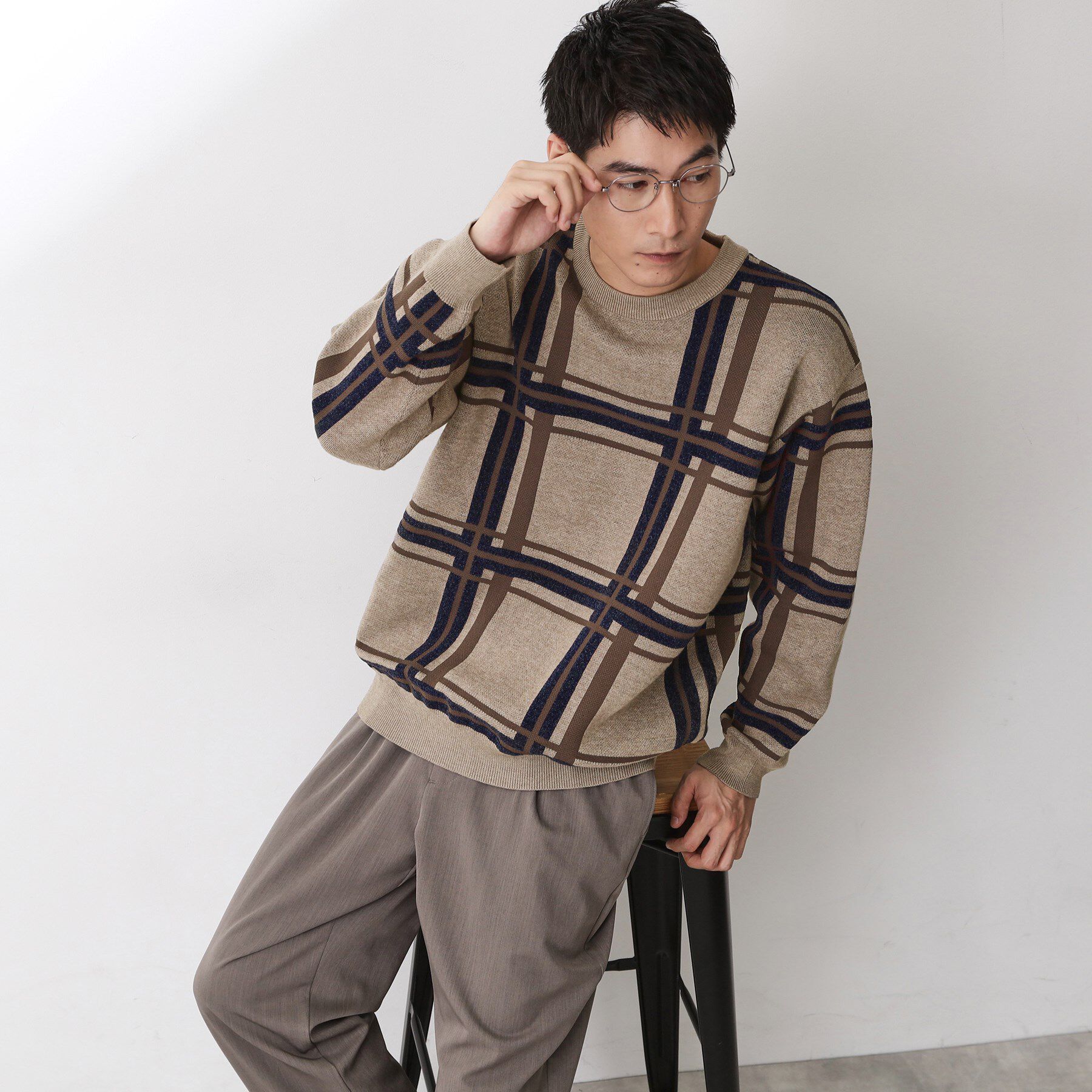 THE SHOP TK「チェックジャカードニット【洗濯機OK】」|ニット・セーター|ベージュ(052)